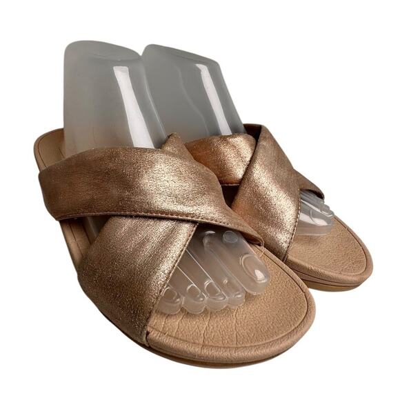 Fitflop Lulu Cross Glitz Slide Sandal Women 7 US Q61-323 Rose Gold Comfort Shiny - Picture 1 of 14